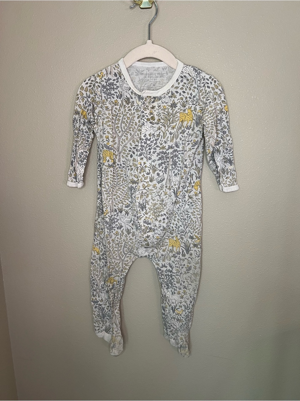 6-9m Magnetic Me Gray & Yellow Woodland Print Footed One-Piece